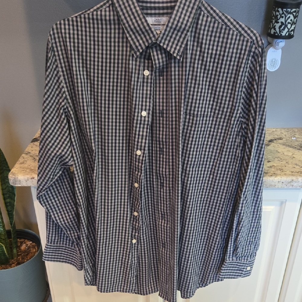 Croft & Barrow Navy Green Grey Checked Button-Down Shirt 16.5 34/35 Cotton-Poly